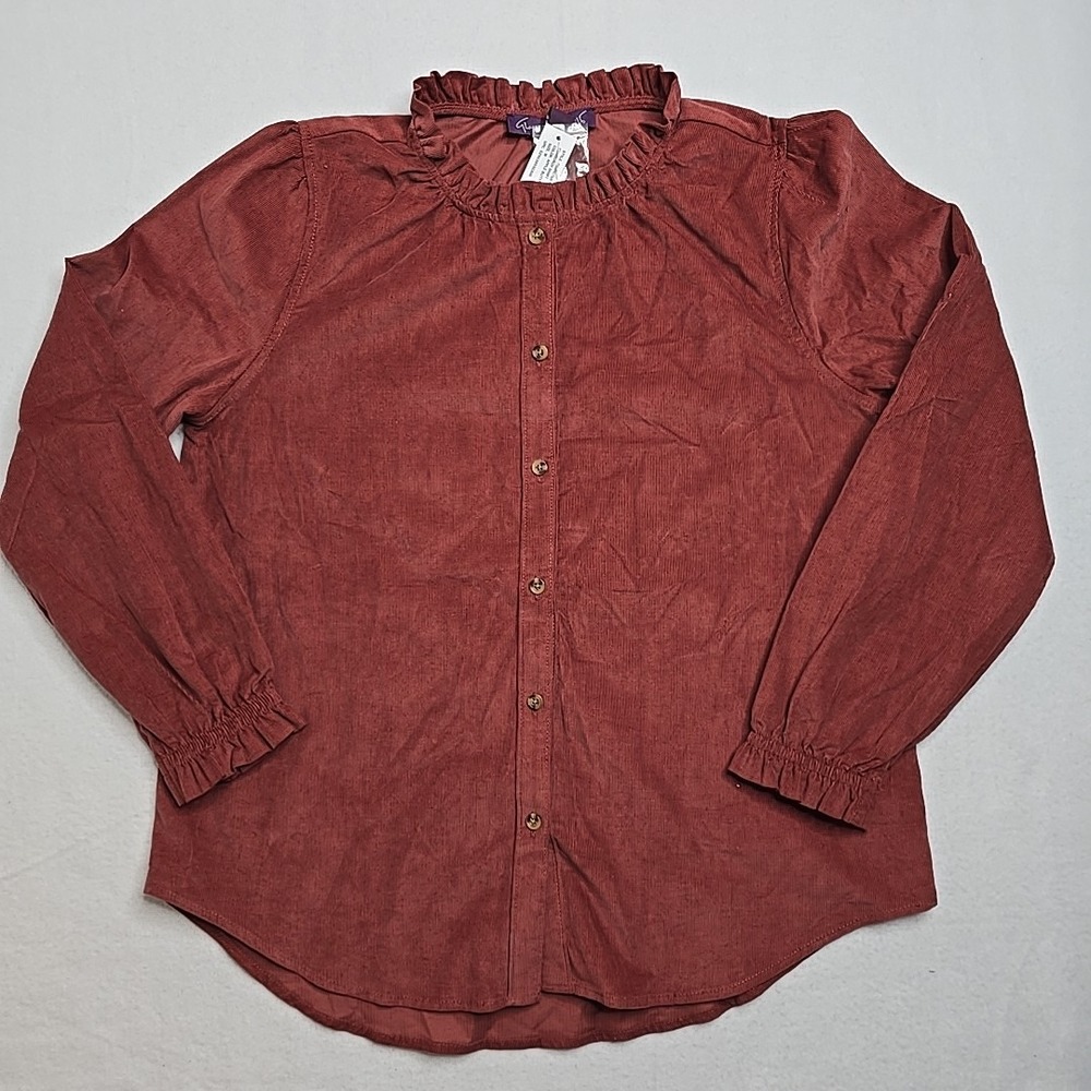 Gloria Vanderbilt shirt corduroy button Up maroon Medium ruffle Grannycore Work - Picture 2 of 11